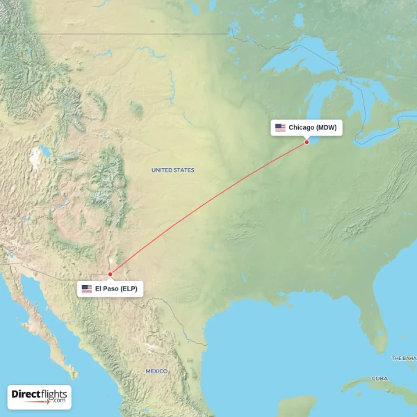 El Paso - Chicago direct flight map