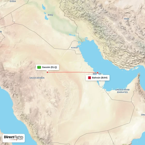 Gassim - Bahrain direct flight map