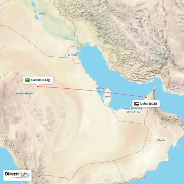 Gassim - Dubai direct flight map