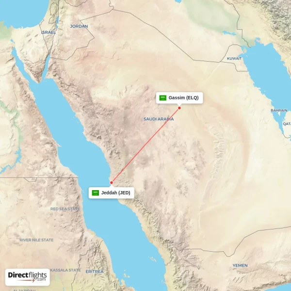 Gassim - Jeddah direct flight map