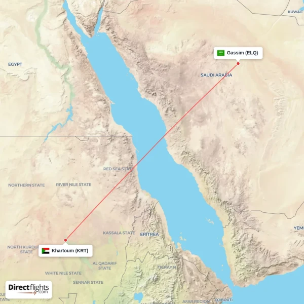 Gassim - Khartoum direct flight map