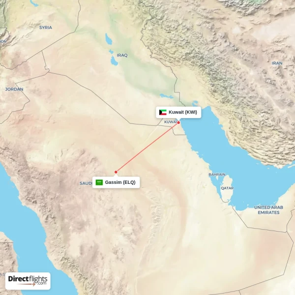 Gassim - Kuwait direct flight map