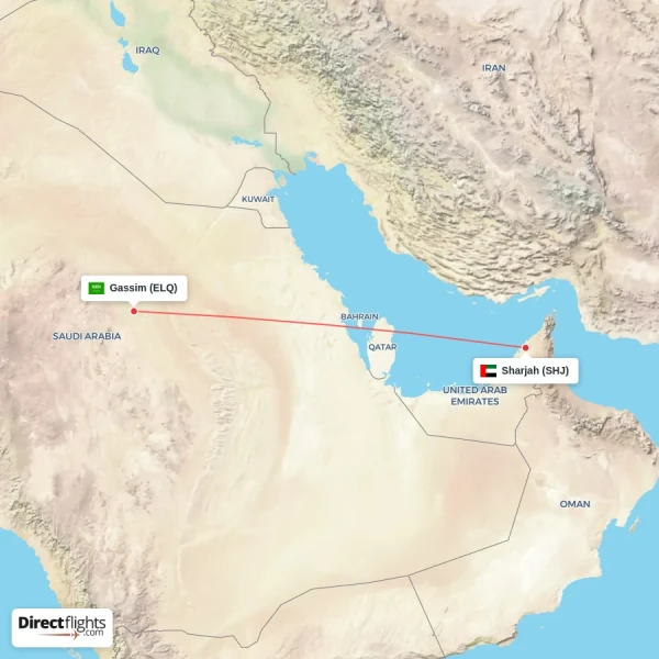 Gassim - Sharjah direct flight map