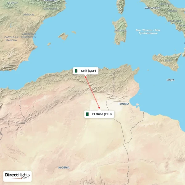 El Oued - Setif direct flight map