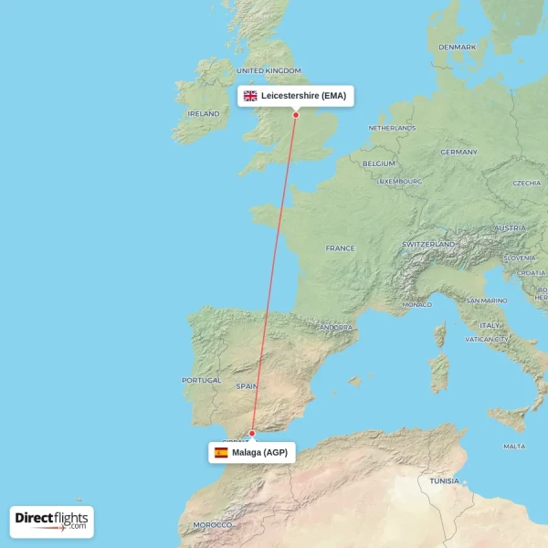 Leicestershire - Malaga direct flight map