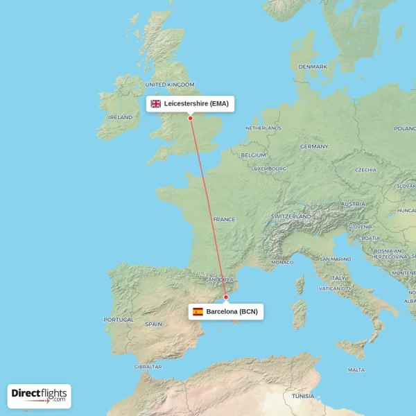 Leicestershire - Barcelona direct flight map