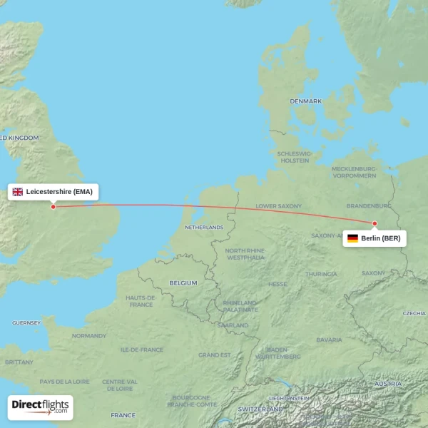 Leicestershire - Berlin direct flight map