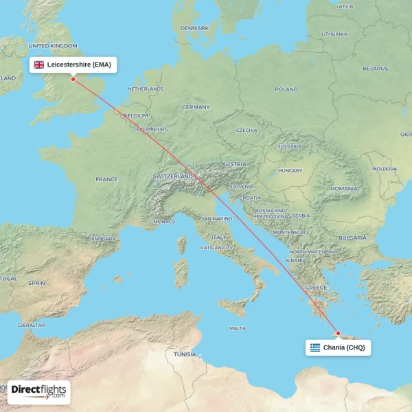 Leicestershire - Chania direct flight map