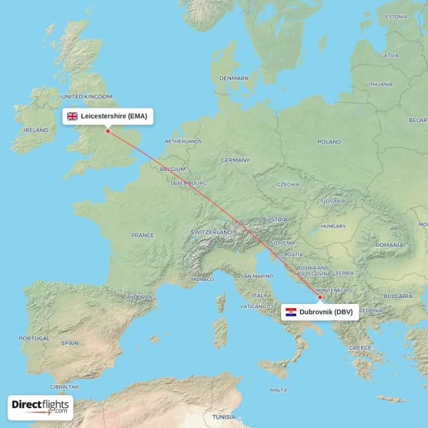 Leicestershire - Dubrovnik direct flight map