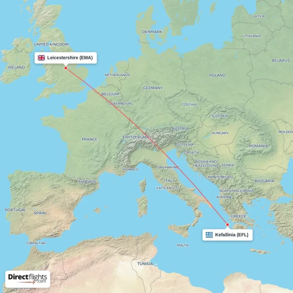 Leicestershire - Kefallinia direct flight map