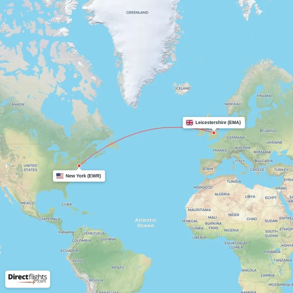 Leicestershire - New York direct flight map