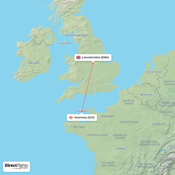 Leicestershire - Guernsey direct flight map