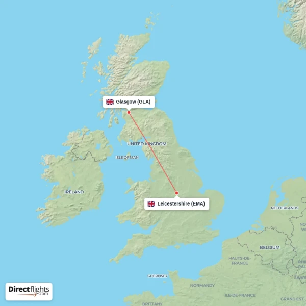 Leicestershire - Glasgow direct flight map