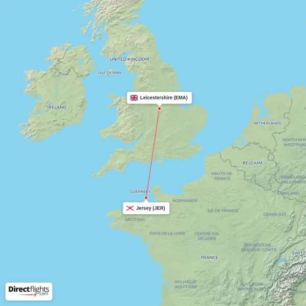Leicestershire - Jersey direct flight map