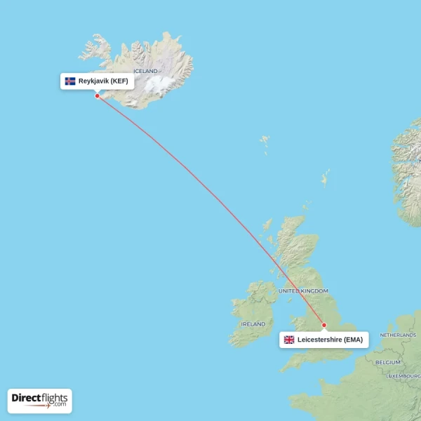 Leicestershire - Reykjavik direct flight map