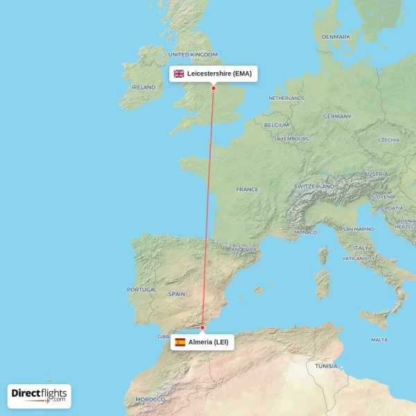 Leicestershire - Almeria direct flight map