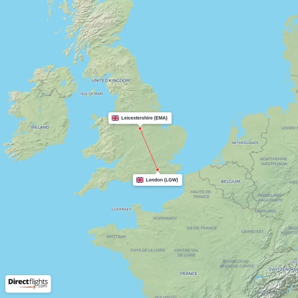 Leicestershire - London direct flight map