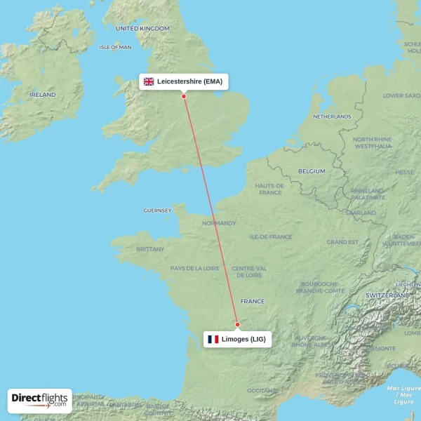 Leicestershire - Limoges direct flight map