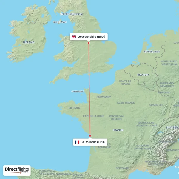Leicestershire - La Rochelle direct flight map