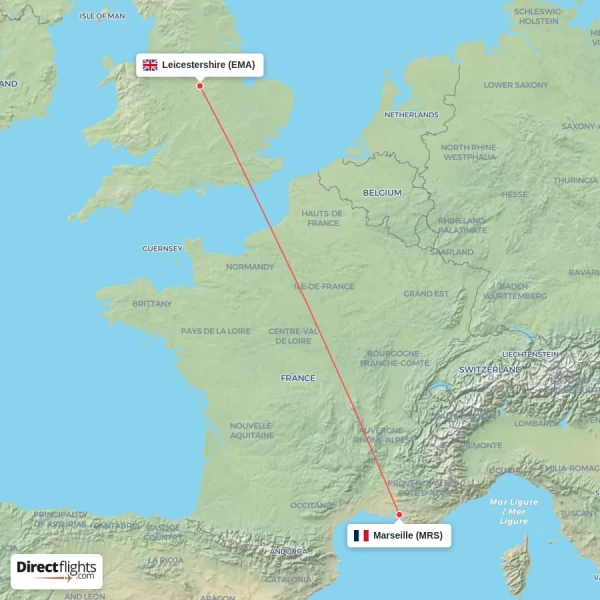 Leicestershire - Marseille direct flight map