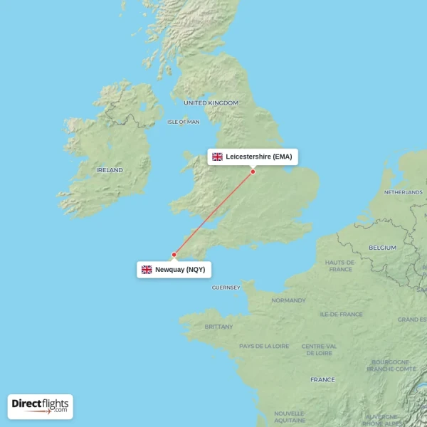 Leicestershire - Newquay direct flight map
