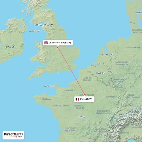 Leicestershire - Paris direct flight map