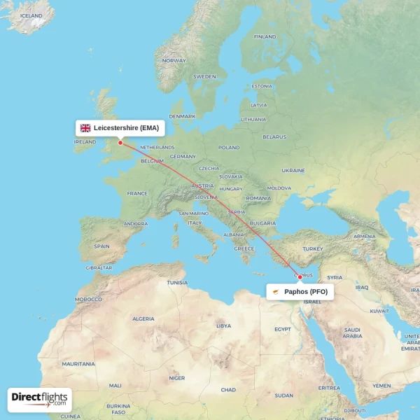 Leicestershire - Paphos direct flight map