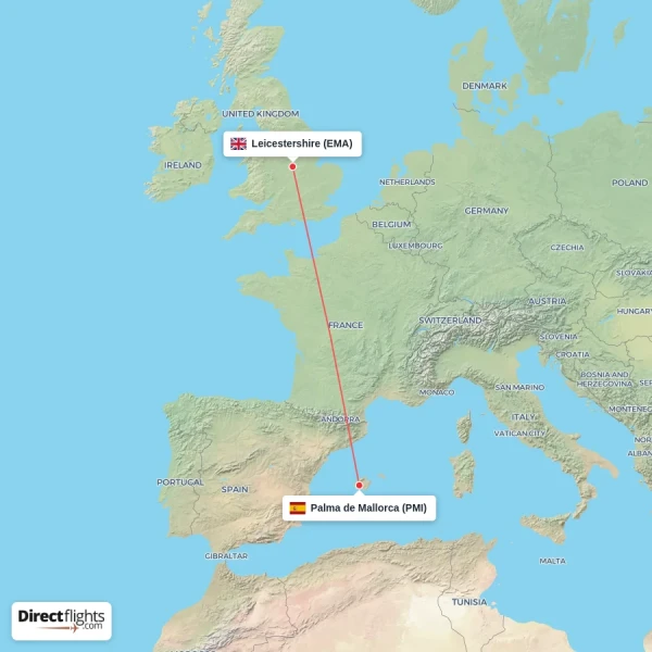 Leicestershire - Palma de Mallorca direct flight map