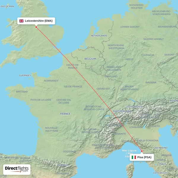 Leicestershire - Pisa direct flight map