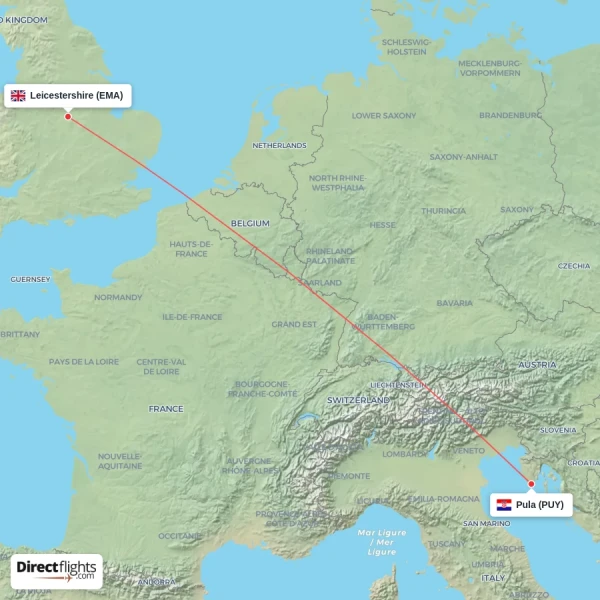 Leicestershire - Pula direct flight map