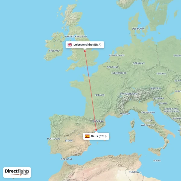 Leicestershire - Reus direct flight map