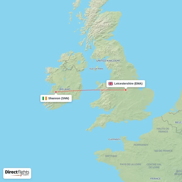 Leicestershire - Shannon direct flight map
