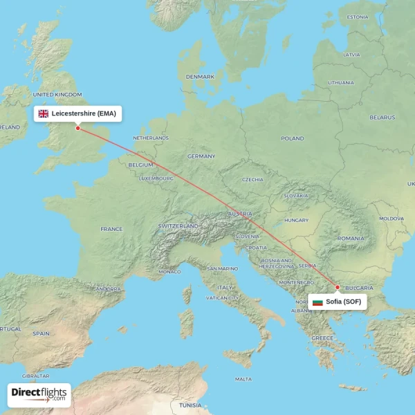 Leicestershire - Sofia direct flight map