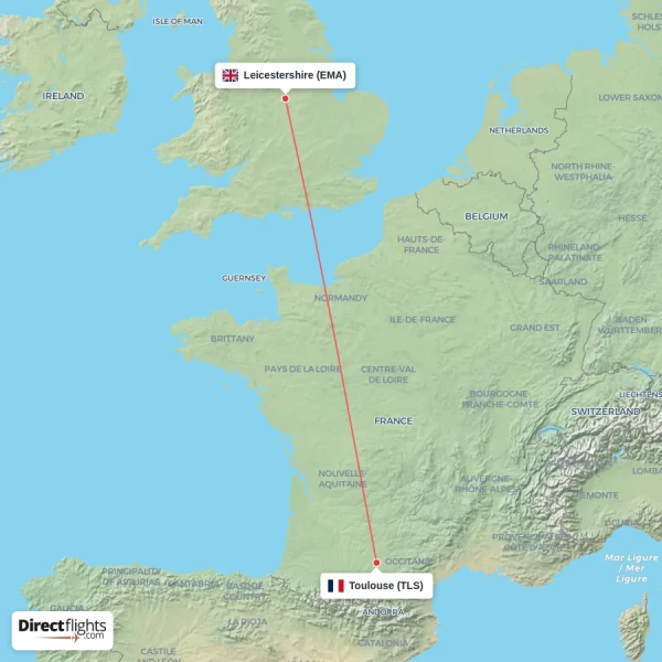 Leicestershire - Toulouse direct flight map
