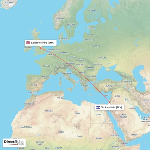 Leicestershire - Tel Aviv-Yafo direct flight map