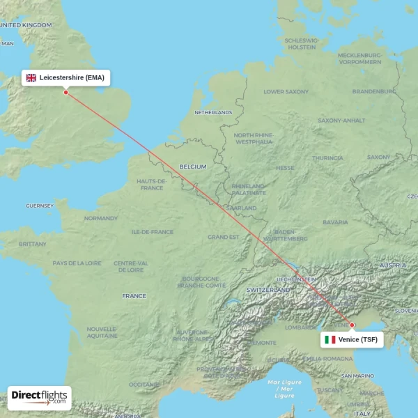 Leicestershire - Venice direct flight map