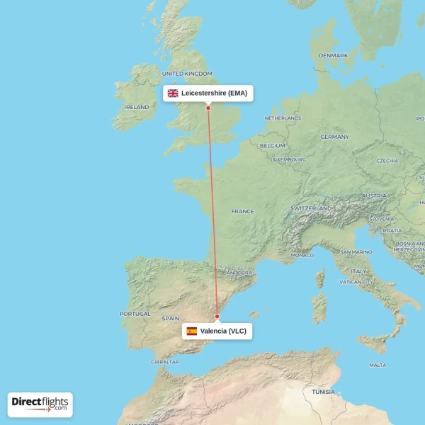 Leicestershire - Valencia direct flight map