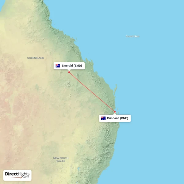 Emerald - Brisbane direct flight map