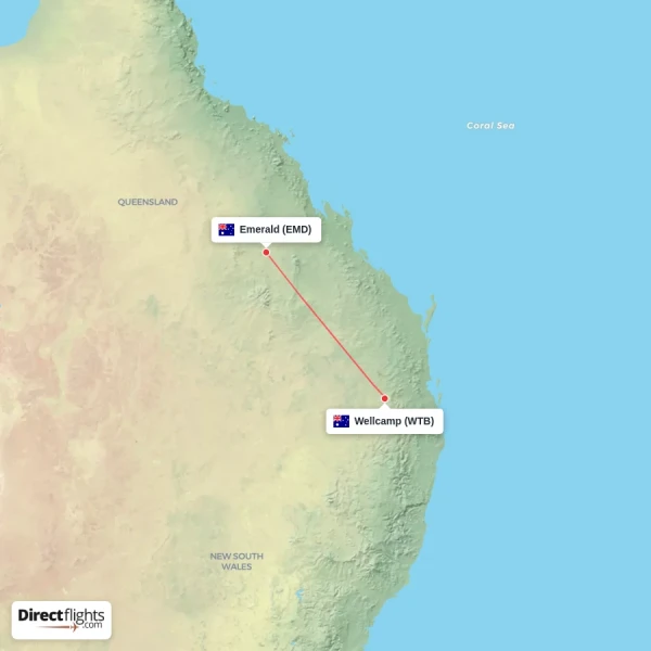Emerald - Wellcamp direct flight map
