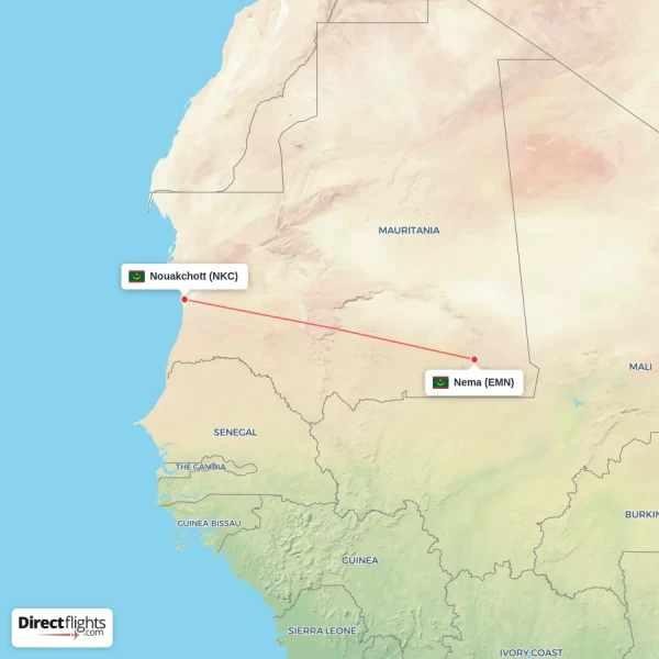 Nema - Nouakchott direct flight map