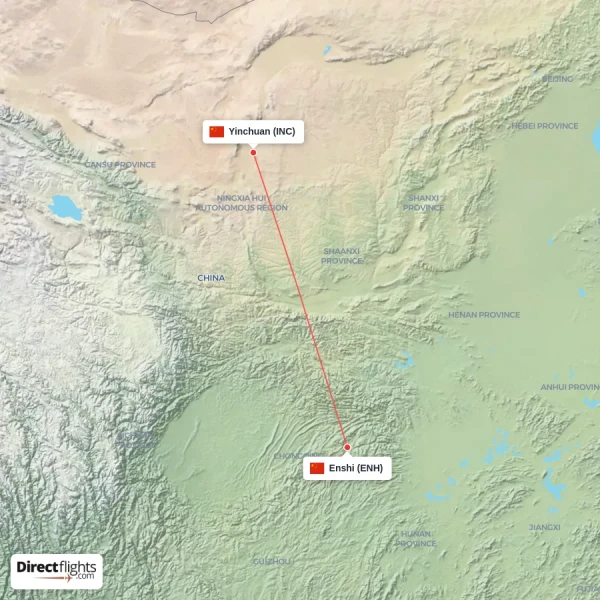 Enshi - Yinchuan direct flight map