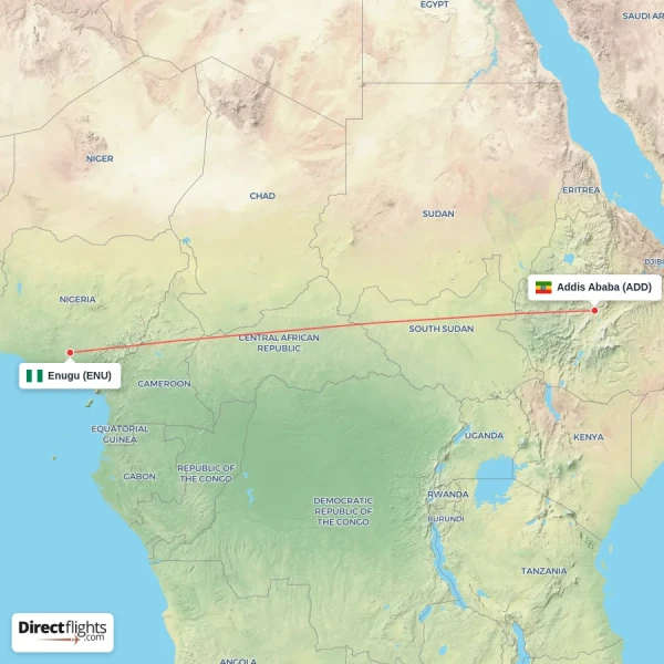 Enugu - Addis Ababa direct flight map