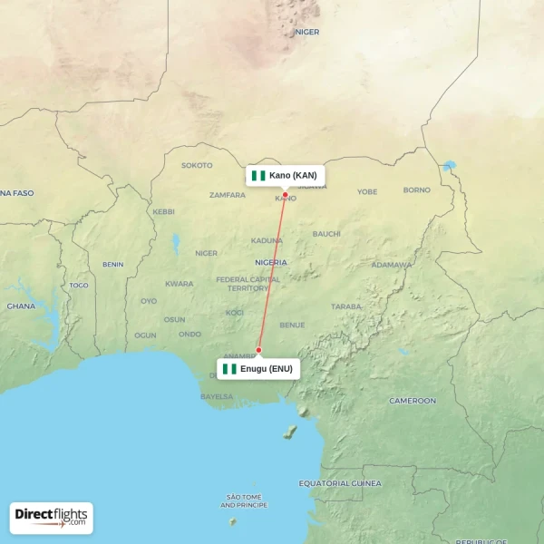 Enugu - Kano direct flight map