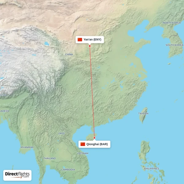 Yan'an - Qionghai direct flight map