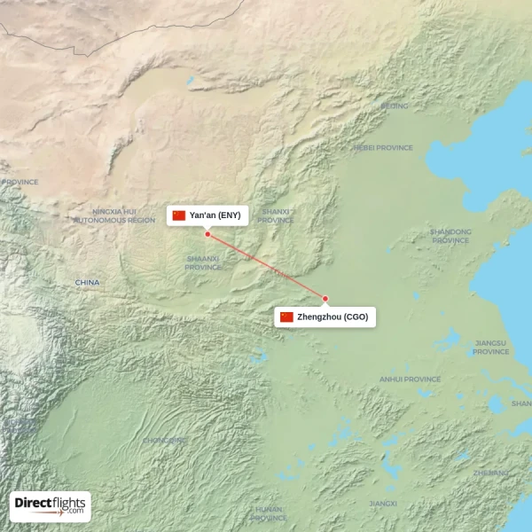 Yan'an - Zhengzhou direct flight map