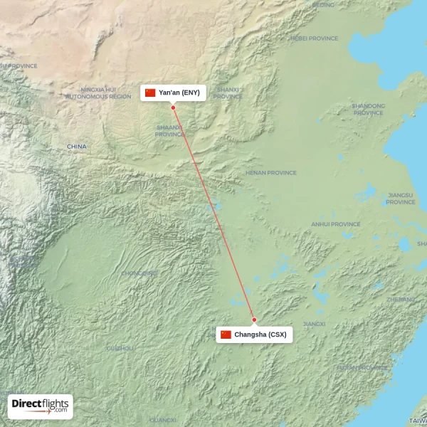 Yan'an - Changsha direct flight map
