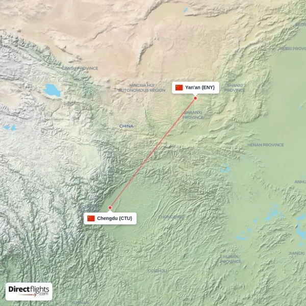 Yan'an - Chengdu direct flight map