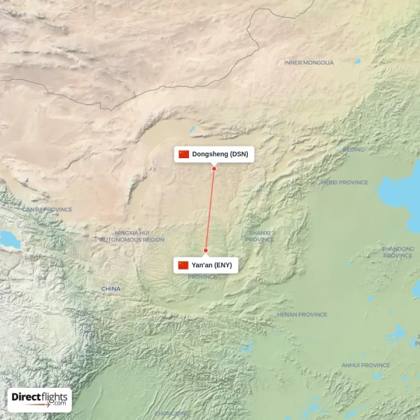 Yan'an - Dongsheng direct flight map