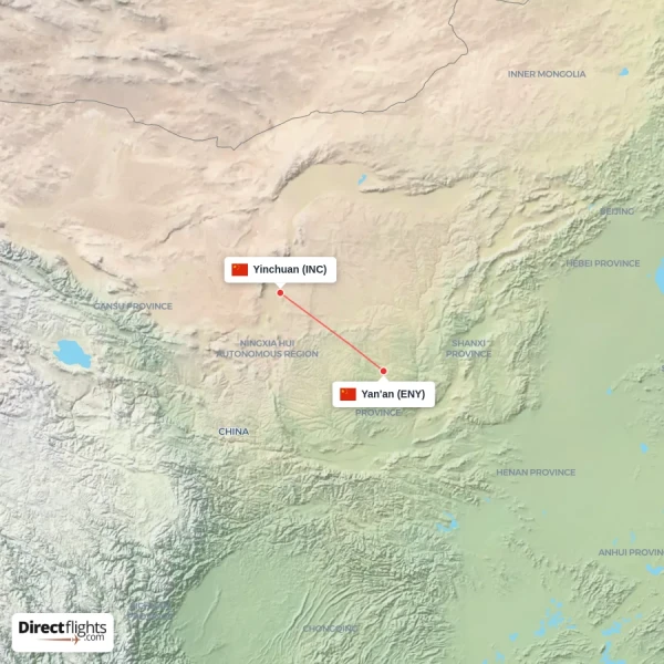 Yan'an - Yinchuan direct flight map