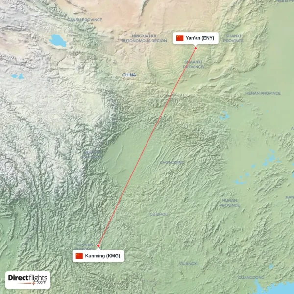 Yan'an - Kunming direct flight map